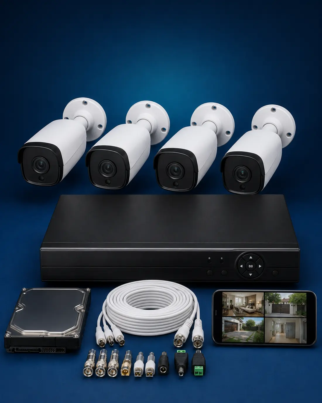 Four CCTV cameras with DVR, surveillance hard disk, cable, connectors and mobile viewing