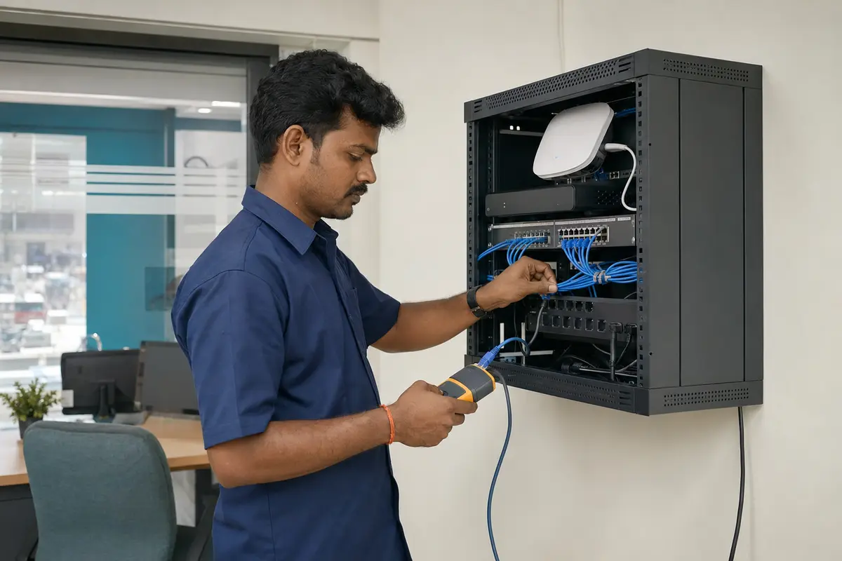 Network technician installing and testing business Wi-Fi and structured cabling