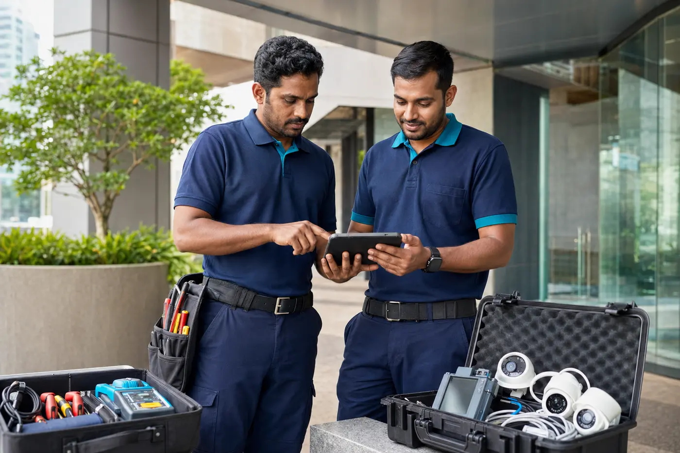 ProTech smart service technicians coordinating CCTV work in Tamil Nadu and Singapore
