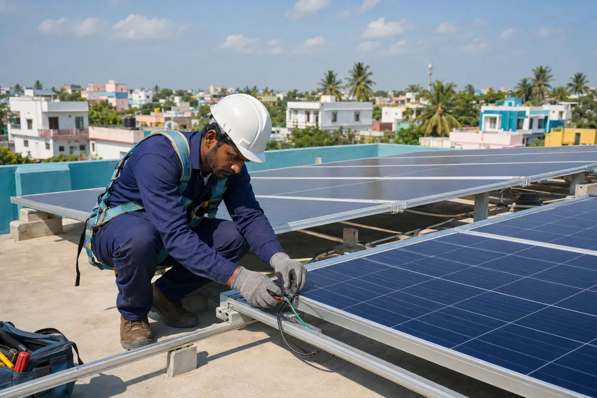 Solar technician installing rooftop panels on a Tamil Nadu building